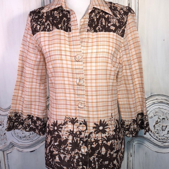 Day Trip Smocked Midsleeve Vintage Western Vibes Plaid and Graphic Button Down - Picture 1 of 11